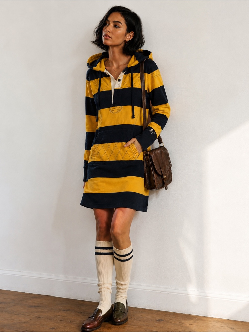 VTG Rare Rugby Ralph Lauren Hooded Dress Yellow Navy Striped Cotton Preppy Ivy L